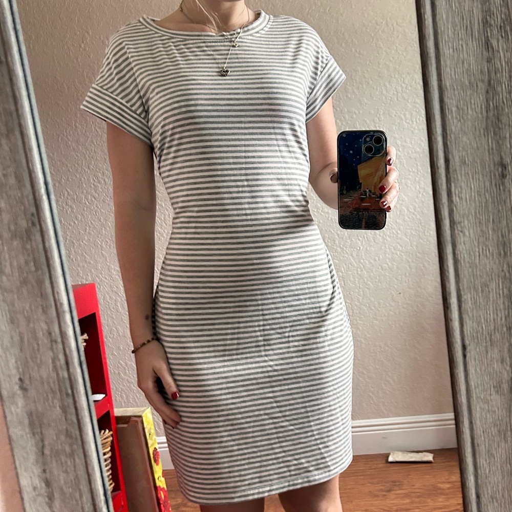 Grey and white tie striped dress